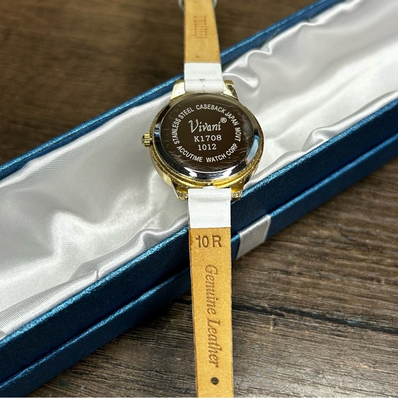 Vivani Quartz Watch with Gold Tone Crystal White Leather Strap And Crystal Bezel - Picture 3 of 4